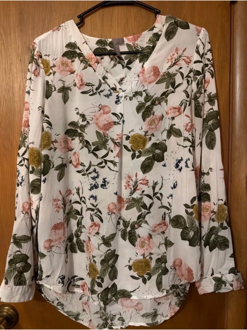 Women's Floral V-Neck Long Sleeve Blouse - White with Pink & Olive